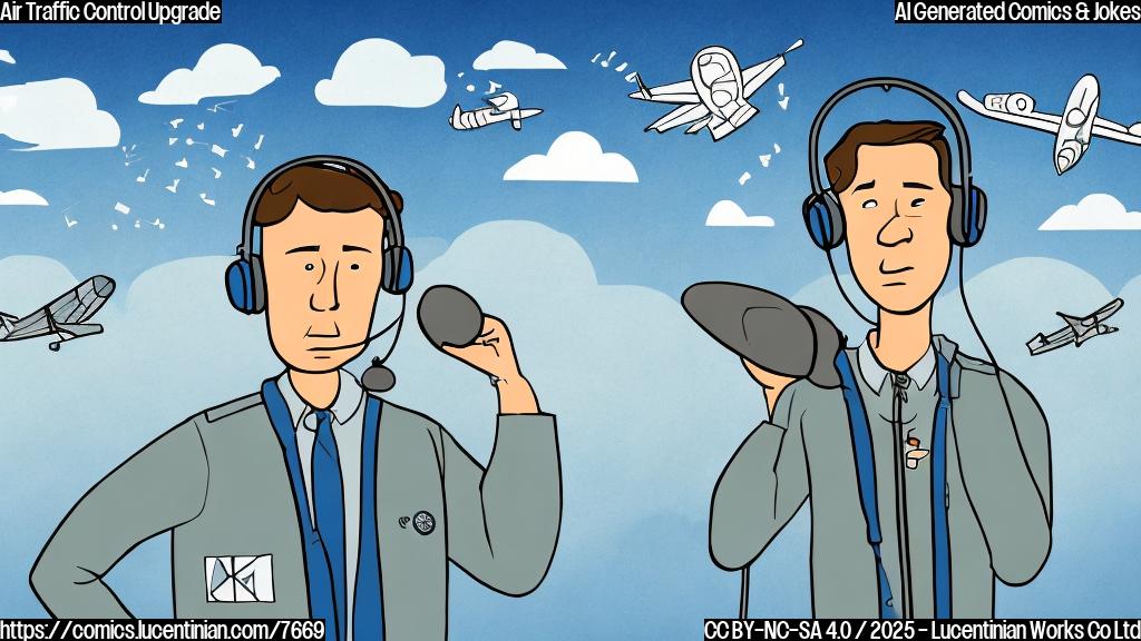 Cartoon illustration of a sad air traffic controller with a headset, standing next to an outdated radar screen with a sad face drawn on it. The sky in the background is filled with cartoon airplanes.