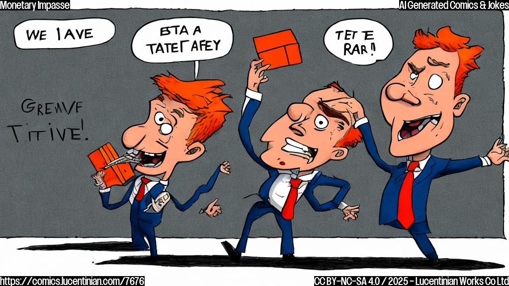A cartoon image of a frustrated looking man with orange hair and a red tie shouting at a blank grey brick wall. The man is wearing a dark blue suit. The wall has a small sign that says "Interest Rates". The style is simple and colorful, like a children's book illustration.