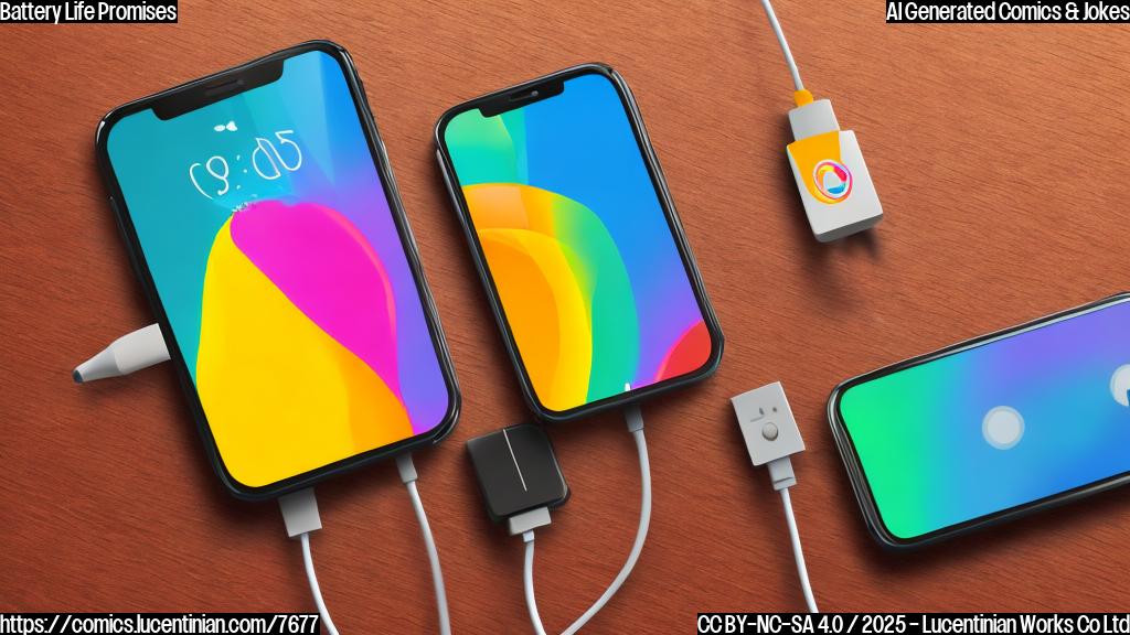 A brightly colored cartoon depicting a sleek smartphone with a giant battery symbol. The phone is plugged into a wall outlet with an exaggerated extension cord that stretches across the entire image. A smiling stick figure is holding the phone while sitting next to the outlet.