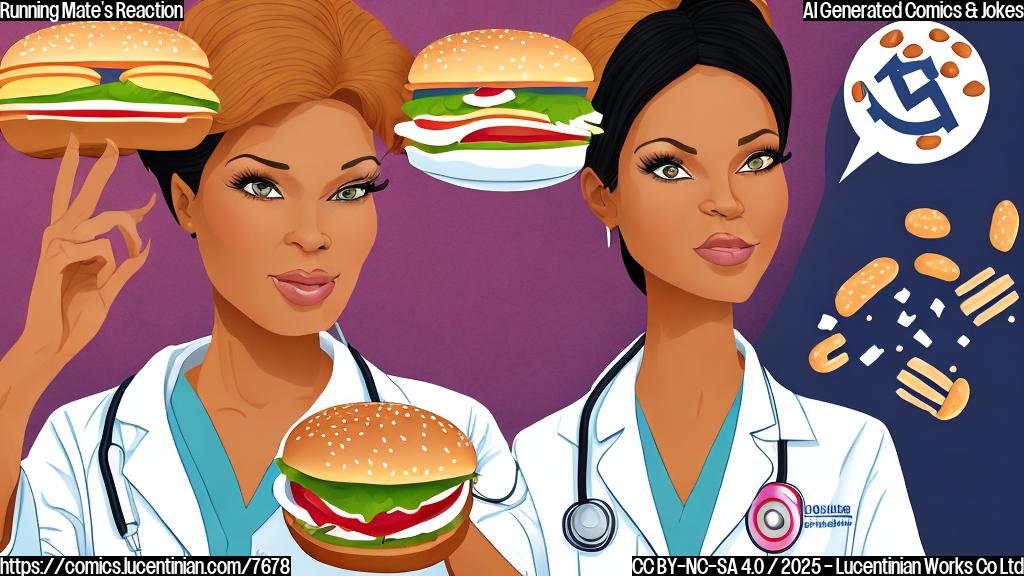 A cartoon image of a woman with a concerned expression, wearing a "Make America Healthy Again" button, looking suspiciously at a doctor in a white coat holding a giant hamburger. Plain color background.