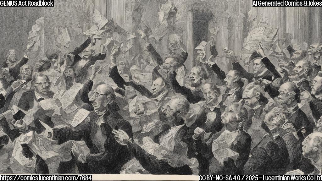 A cartoon depicting a stern-looking man with glasses, labeled "Treasury Secretary", holding a large, unfolded map labeled "GENIUS Act" in front of a group of confused-looking individuals labeled "Senate". The scene is a plain, light blue color.