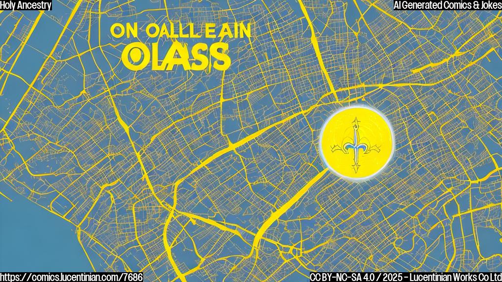 A simple, cartoon style image showing a map of New Orleans with a bright yellow spotlight shining on it. Above the map, a radiant halo is drawn, suggesting holiness and celebration. The overall color scheme is plain and light, focusing on clarity and joy.