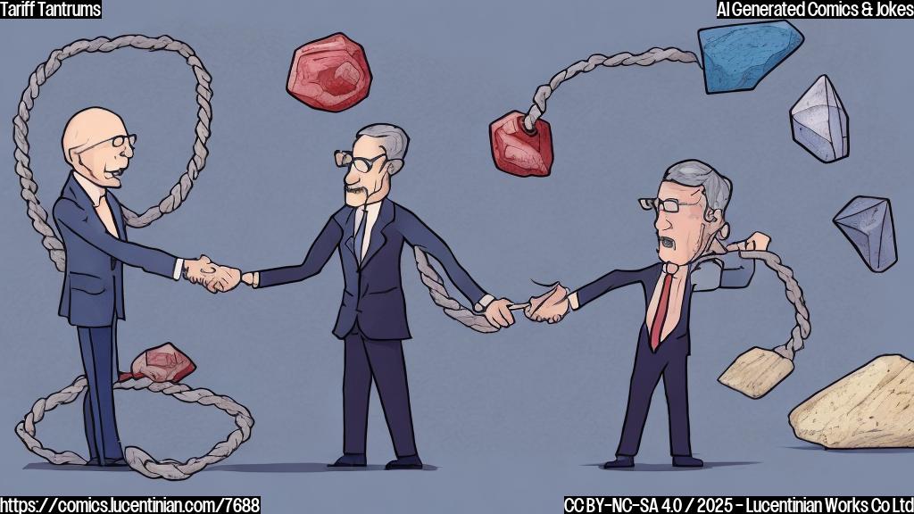 A simple cartoon illustration of two abstract shapes, one representing an economist with glasses and a tie, and the other representing a trade agreement symbolized by a handshake. Both are pulling in opposite directions on a rope, with a pile of colorful minerals (representing rare earths) lying forgotten on the ground. The background is a plain light blue.