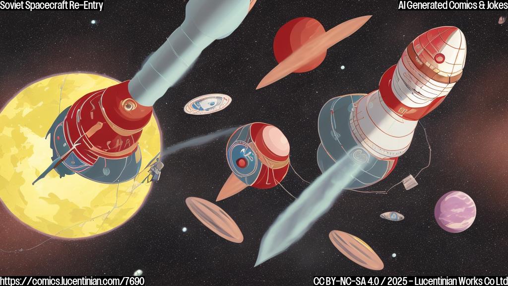 a cartoon drawing of a retro-style Soviet spacecraft tumbling through the atmosphere above a generic Earth landscape. The spacecraft is red and silver and has a small parachute deploying, but it's tangled. A clock is floating nearby with hands spinning wildly in both directions. The style is simple and colorful, like a children's book illustration.