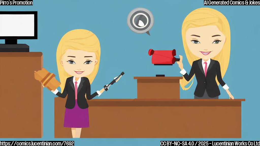 a cartoon drawing in flat design showing a woman with blonde hair, wearing a business suit and holding a gavel, with a television set in the background.
