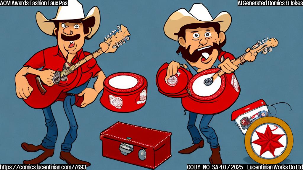 a simple, cartoon-style image of a surprised-looking country singer with a large cowboy hat, holding a comically oversized sewing kit on a red carpet. The background is a plain light blue.