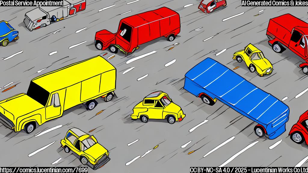 A cartoon style image with two delivery trucks, one red and yellow, one blue and white, racing each other. The background is plain light gray.