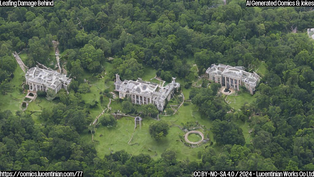 A sprawling 8,000-acre estate with lush greenery and various buildings stands amidst a post-storm environment. Some of its structures show significant signs of damage from strong winds, while the rest appear to be intact. A few broken branches and fallen leaves are scattered around the grounds. The sky above is overcast with dark clouds, a reminder of the recent storm's severity.