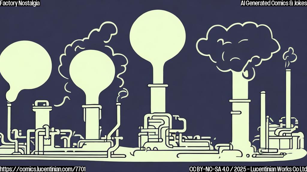 A simple, plain color cartoon of a lightbulb with a thought bubble above it showing a stylized factory with smoke stacks. The lightbulb is smiling.