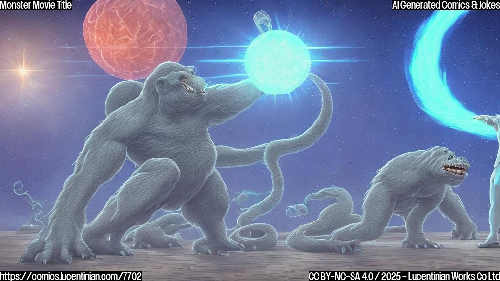 A cartoon-style image with a plain light blue background. In the foreground, a person with a briefcase is standing next to a giant reptilian monster and a giant ape-like monster. The person is holding a very long ladder that stretches upwards, seemingly trying to reach a bright star in the sky. The star is labeled "Supernova".