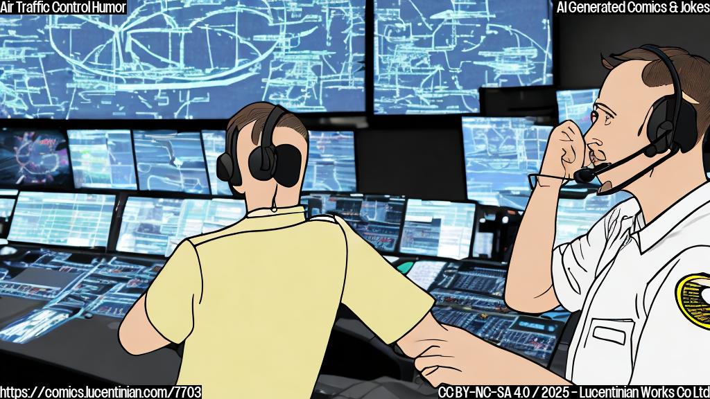 A cartoon image of an air traffic controller with a headset looking frustratedly at a blank radar screen. The screen is a pale yellow color.