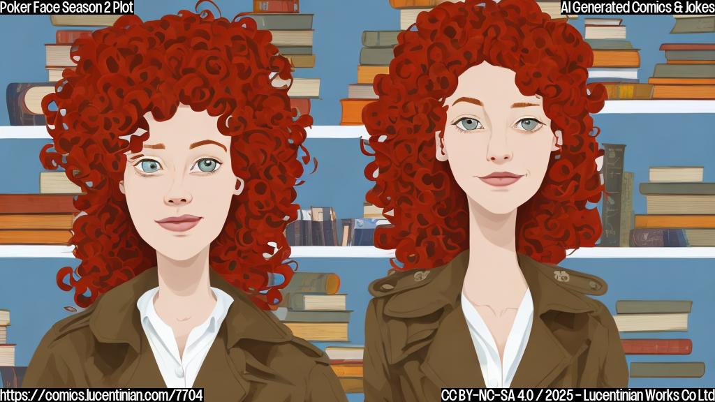 a cartoon-style image of a woman with curly red hair wearing a trench coat standing in a library, surrounded by towering bookshelves filled with books. She has a magnifying glass and a confused expression on her face. The background is a plain light blue.