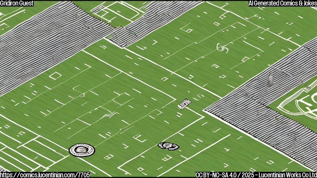 Plain color cartoon of a football field, with a tiny graduation scroll lying near the yard lines.