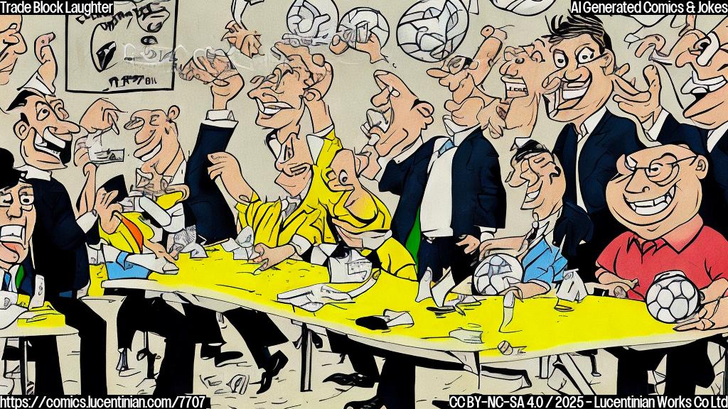 Cartoon style, a group of football team executives sitting around a table, laughing hysterically. One executive is holding up a bag labeled "Slightly Deflated Footballs" while another is waving a green and yellow towel.