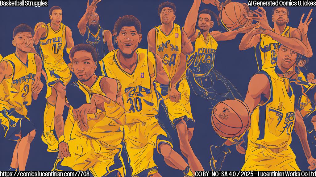 Plain color cartoon style of a basketball team with five players, with one tall player with number zero on his jersey, and another player with braided hair, lost inside a giant maze shaped like the letters "MSG". The background is a simple yellow color.