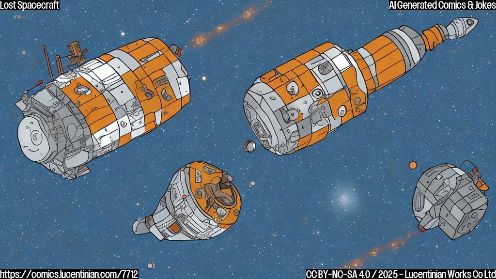 Cartoon image of a confused-looking, rusty spacecraft with a puzzled expression, floating in space with stars around it. The spacecraft is boxy and outdated, with visible antenna and solar panels. The background is a simple, plain blue color.