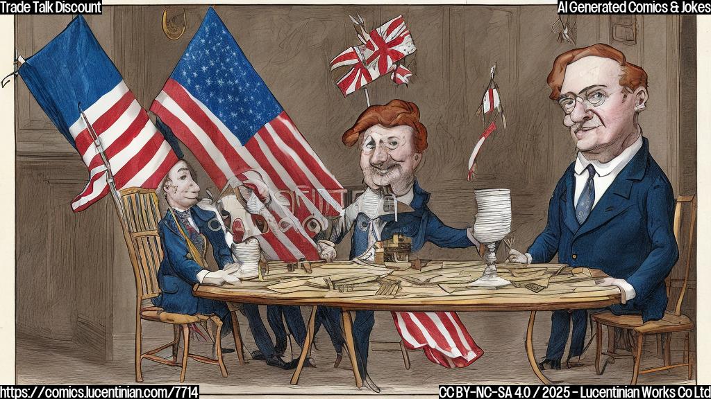 Cartoon of two people sitting at a table with flags of two countries, one holding a ladder labeled "Tariff Reduction", plain color background.
