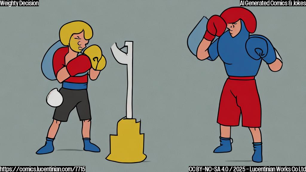 a simple, plain color cartoon of a perplexed-looking fighter in boxing gloves standing on a scale that is wildly fluctuating. The background is a solid light blue.