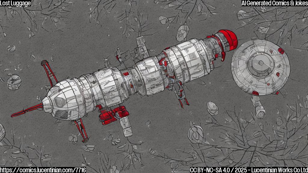 A simplistic cartoon image showing a confused looking spacecraft, colored in drab gray and red, with Cyrillic lettering faintly visible. It's surrounded by generic trees and grass, implying it landed in a random forest. The spacecraft has an expression of bewilderment.