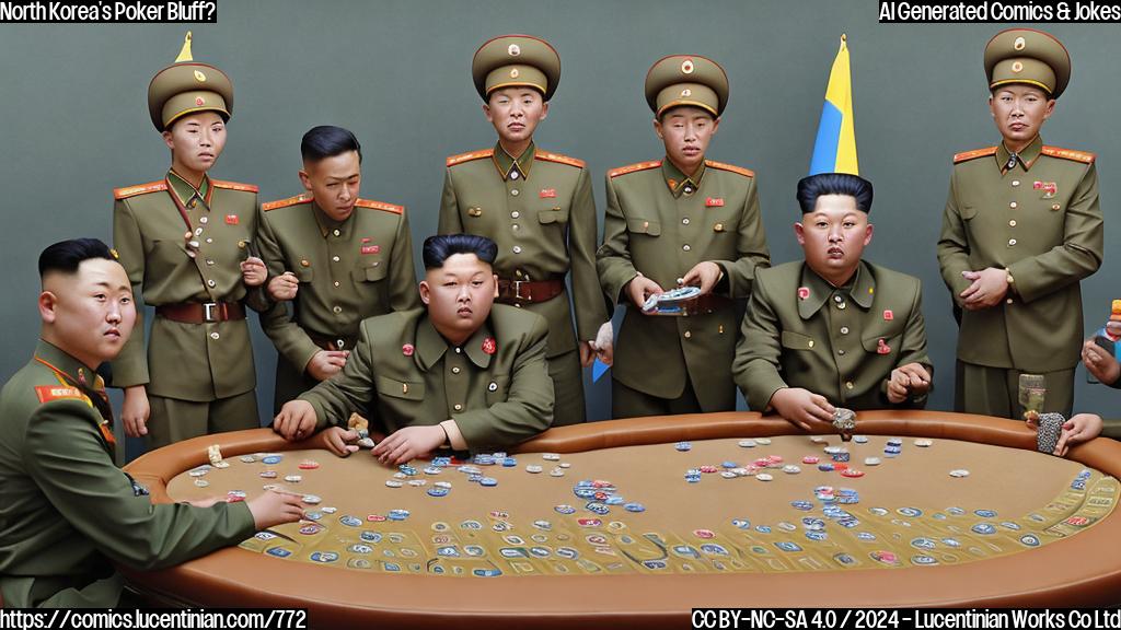 A group of North Korean soldiers wearing military uniforms and holding poker chips, standing in front of a Ukrainian flag. One soldier is gesturing aggressively while another looks surprised. The scene should be set in a dark, dimly lit room with a table and chairs.