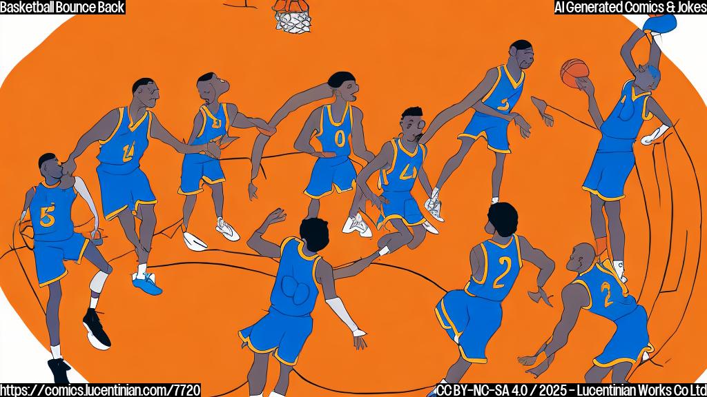 A plain color cartoon style image of a basketball team with 5 players and a giant orange trampoline on the basketball court. The team is smiling and ready to jump. The basketball court has minimalistic lines.