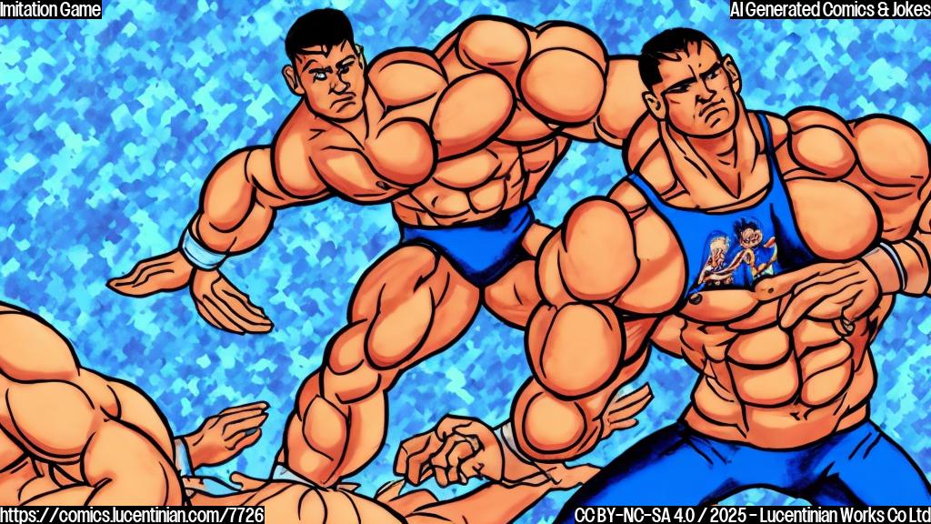 A cartoon drawing of a muscular wrestler in a blue outfit looking confused and scared. Another muscular wrestler in a black outfit is behind him, doing the RKO pose. The background is a wrestling ring with a blurred crowd. The style is plain color cartoon.