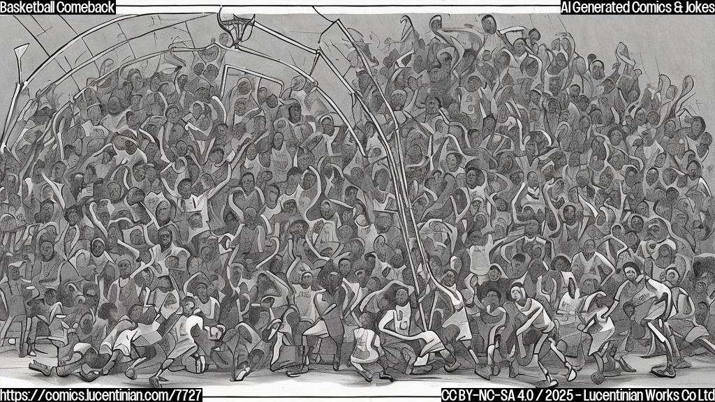A plain color cartoon style image of a basketball team carrying a ladder onto a basketball court. The players are generic, without recognizable features. The court is simply drawn with basic lines and a basketball hoop. The color theme is bright and cheerful.