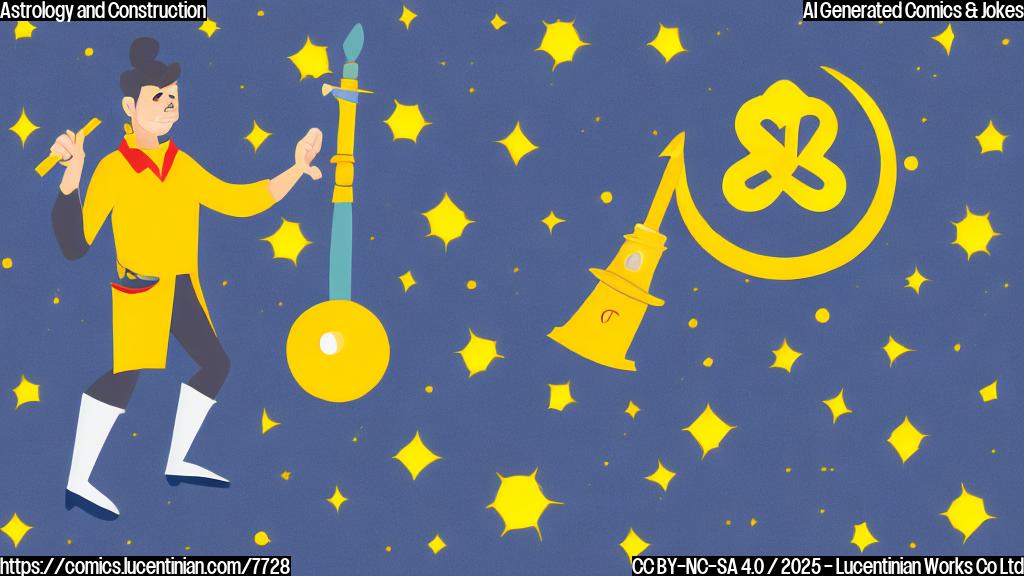 A cartoon astrologer in work clothes, holding a hammer and pointing upwards at the sky with a confused expression. In the sky, there are astrological symbols of planets. The background is a simple, plain yellow color. The style is clean and minimalist.