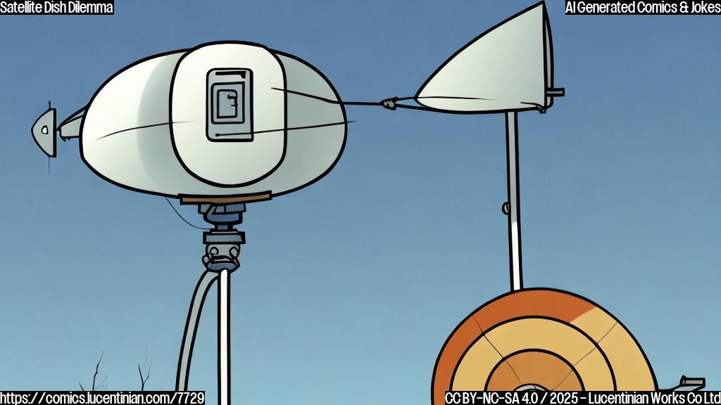 Plain color cartoon illustration of a disgruntled satellite dish with a sad face looking away from a tall antenna with a shocked expression. The background is a simple blue gradient.
