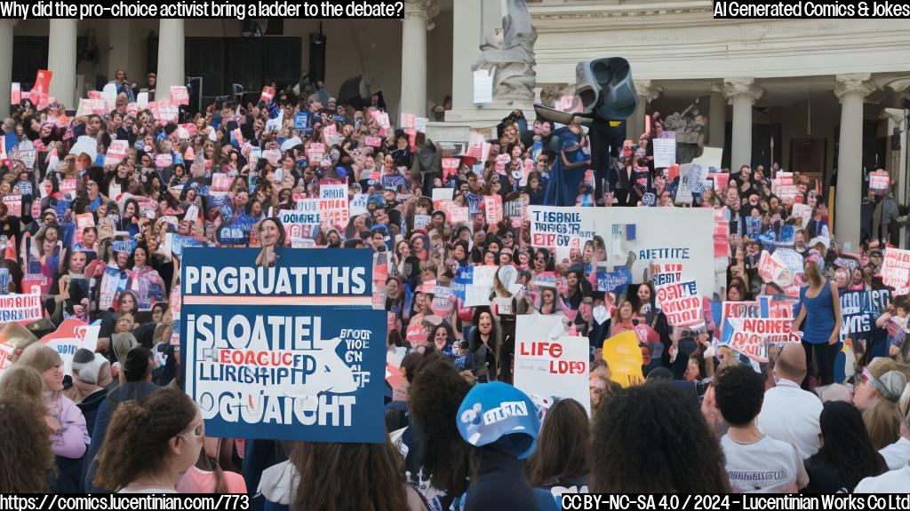 A woman with a megaphone standing on a raised platform, surrounded by several supporters holding signs that read "Reproductive Rights" and "Choose Life", with a ladder leaning against the wall behind her. The image should convey a sense of determination and confidence.