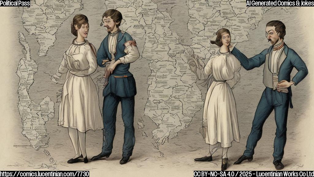 A simple, plain color cartoon depicting a woman with a distinctive hairstyle shying away from a young man with a slightly surprised expression, both standing in front of a map of the state of Georgia. The color of the cartoon is in pastel style.