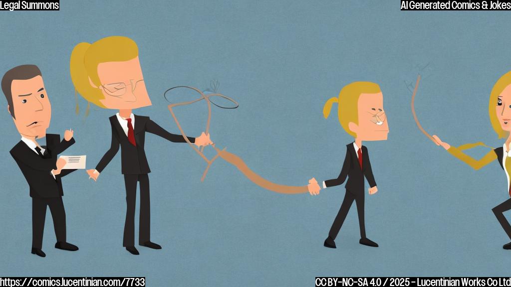 A cartoon image showing a bewildered stick figure pop star with blond hair in a ponytail receiving a large legal document from a stern-looking stick figure lawyer in a suit. The background is a plain light blue.