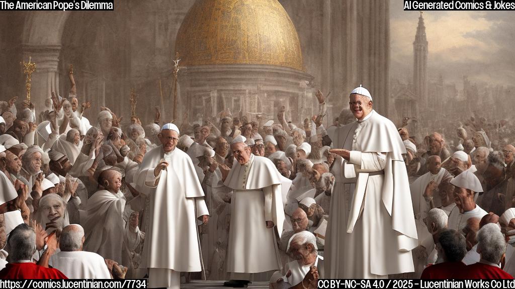 Cartoon style image. A smiling, elderly man wearing a white papal robe and zucchetto, standing on a balcony resembling St. Peter's Basilica. He is wearing sandals with white socks. A crowd of tiny, diverse figures are visible below, looking up at him with expressions of amusement and confusion. The background is a plain light blue.