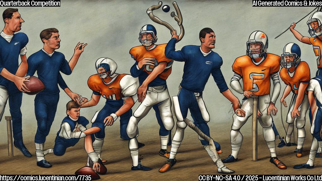 a plain color cartoon style picture of a football coach holding a ladder in a stadium, with three generic football players looking confused
