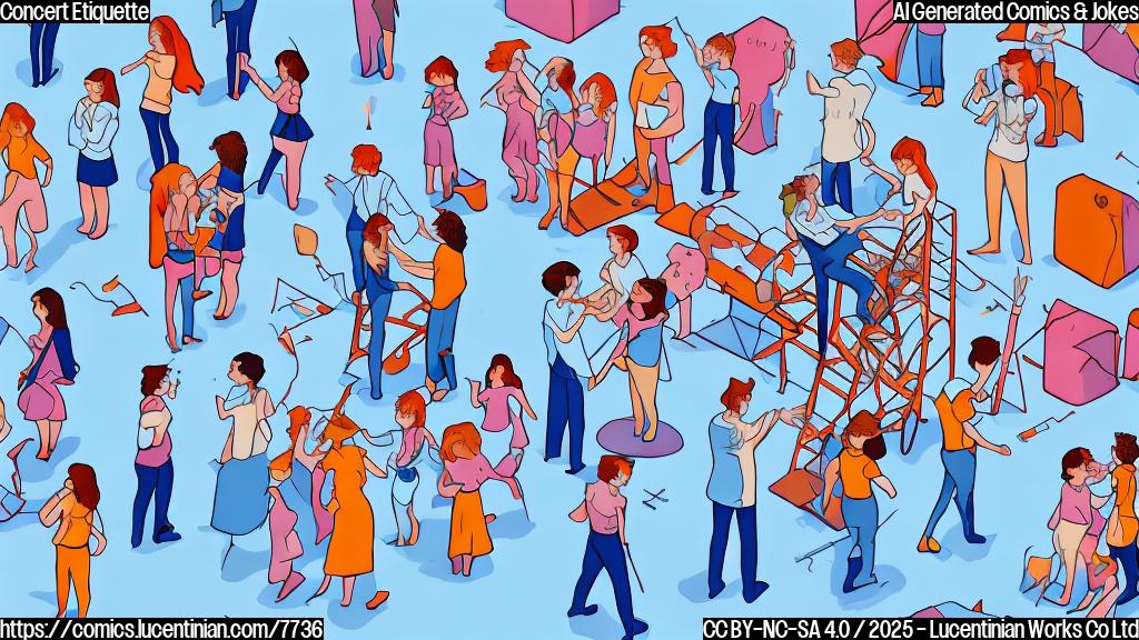 Cartoon style, solid light blue background, a formally dressed man with ginger hair and a woman with long dark hair holding hands awkwardly on a small wooden ladder at a concert, concert crowds visible in the background as simple colorful shapes.
