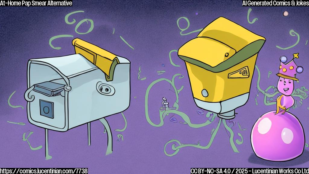 A cartoon-style drawing of a nervous, anthropomorphic cervical cell wearing a tiny crown, cowering behind a microscopic version of a mailbox. A miniature computer screen hovers nearby displaying a sad face. The background is a gradient of light pink and purple.