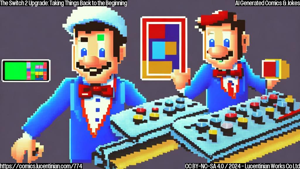 A pixel art style image of a retro gamer, wearing a bow tie and holding a ladder, standing next to a shiny new Nintendo Switch 2 console with an original Switch game cartridge in the background. The retro gamer should be smiling and holding a sign that says "Beginning" or a similar phrase related to nostalgia and gaming history.
