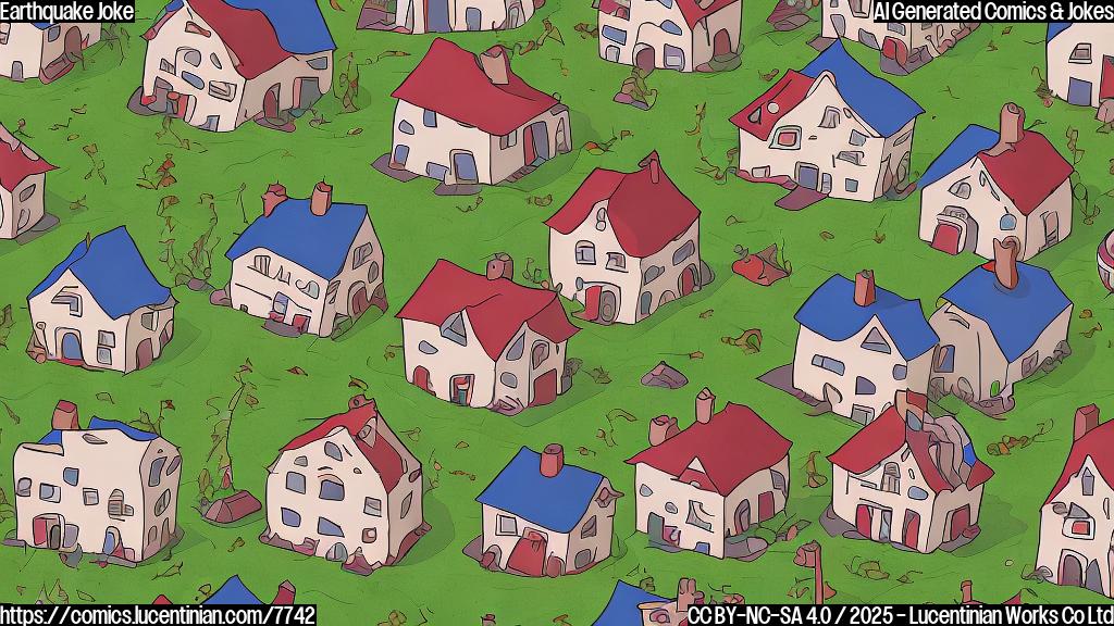 Cartoon style image of a ground smiling and shaking with laughter, surrounded by simple houses in a plain color background.
