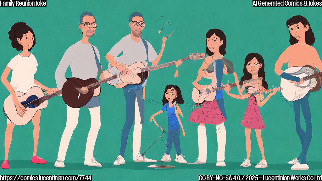 A cartoon image of a family of four musicians – a father playing a guitar, a mother playing a piano, an older daughter singing into a microphone, and a younger daughter playing drums – all standing far apart with sad expressions, on a plain light green background.