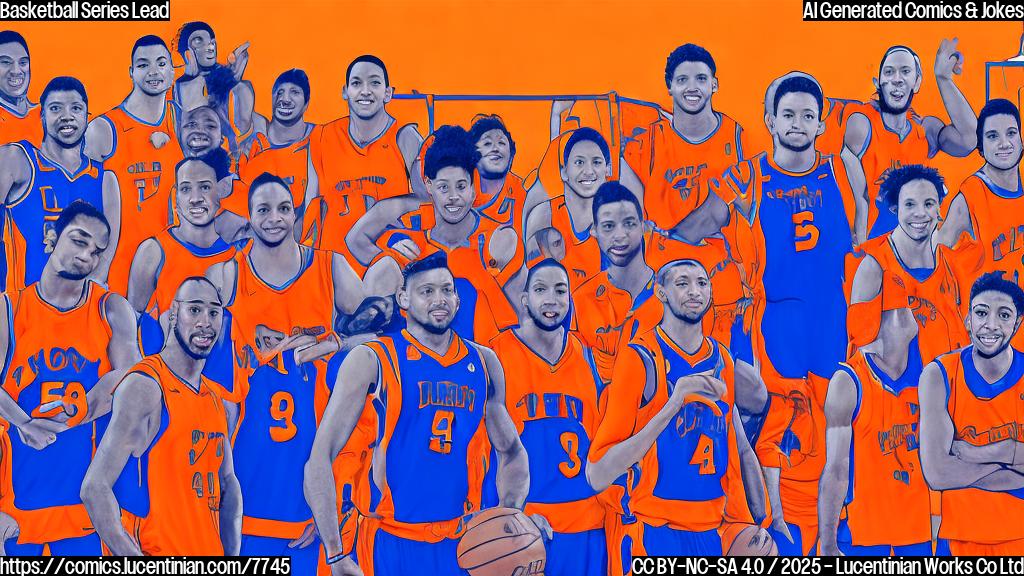 A cartoon style picture of a basketball team with players wearing blue and orange uniforms, carrying a large ladder on a basketball court. The background is a blurry image of a cheering crowd.