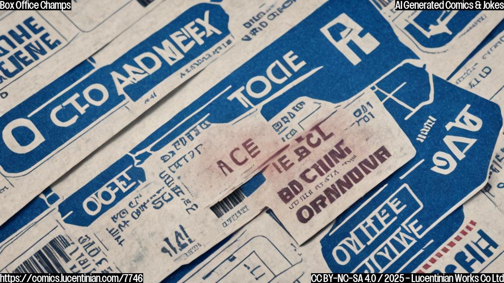 A plain color cartoon style image of a movie ticket stub with the words "Box Office Champ" printed on it, lying on top of a stack of money. The background is a simple blue.
