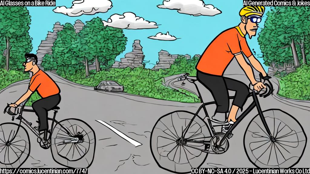 A cartoon style drawing of a cyclist wearing smart glasses with a digital ad for "Bike Fix" floating in front of them. The background shows a slightly bumpy road. The cyclist looks frustrated.