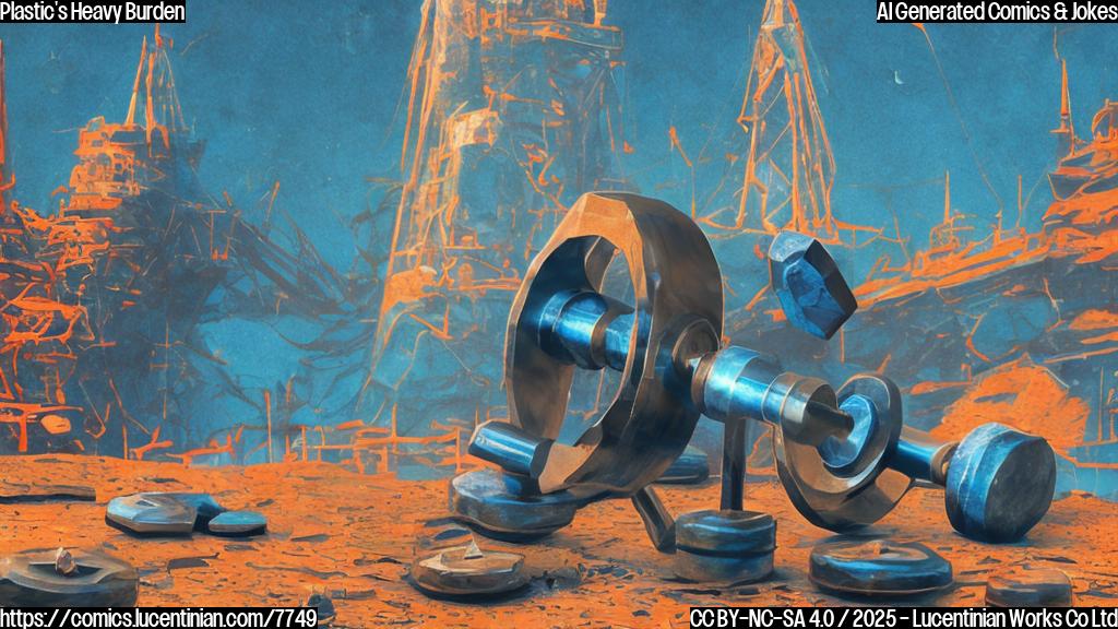 Cartoon image of a tiny, blue plastic shard flexing its minuscule biceps while struggling to lift a comically oversized dumbbell made of rust-colored metal. The shard has a determined, sweaty expression. Background is a blurry, polluted ocean scene.