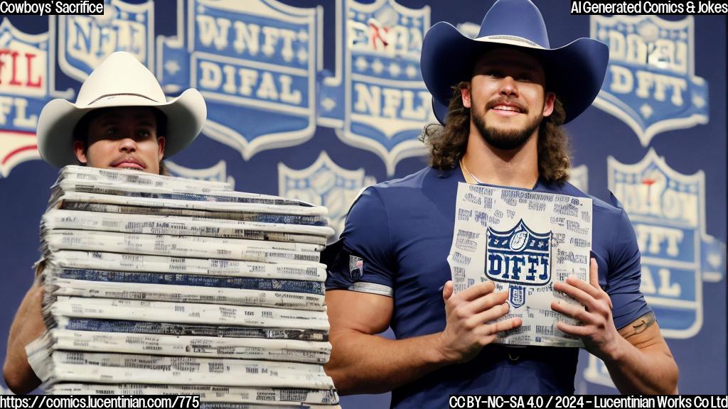 A football player in a cowboy hat holding a small pile of draft picks, with a disappointed expression on his face and a large map of the NFL draft board behind him.