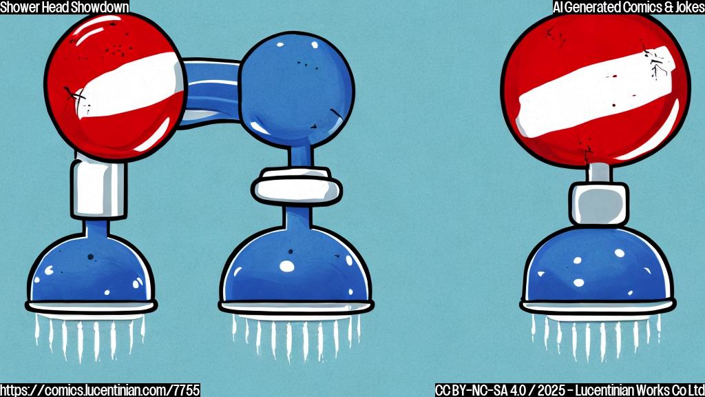A cartoon image of two identical shower heads. One has a small American flag on it and a price tag showing a higher price. The other is plain and has a lower price tag. Both shower heads look sad. The background is a plain blue.