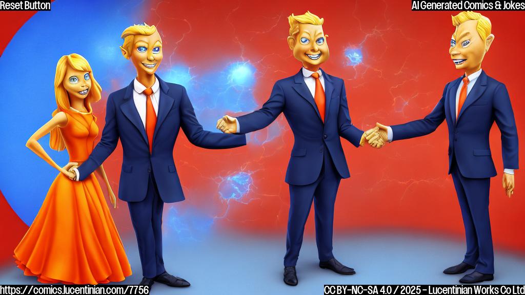 Cartoon image of two formally dressed figures, one with orange skin and exaggerated blond hair, shaking hands with another figure in a dark suit, both standing in front of a giant red button labeled "RESET". The background is a simple blue gradient.