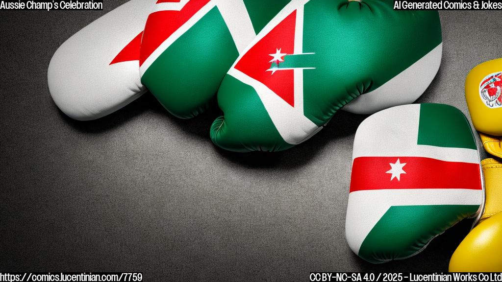 a plain cartoon style image. An Australian flag in simple form with boxing gloves attached to the side. The background is a single, light green color.