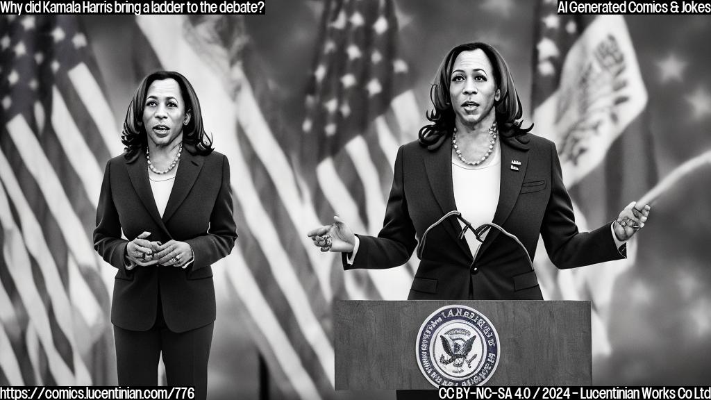 Illustrate an image of a candidate (representing Kamala Harris) standing on top of a podium, with a ladder leading up to it, in a neutral news setting. The background should include a subtle election theme, such as voting booths or flags, but not any explicit logos or branding.