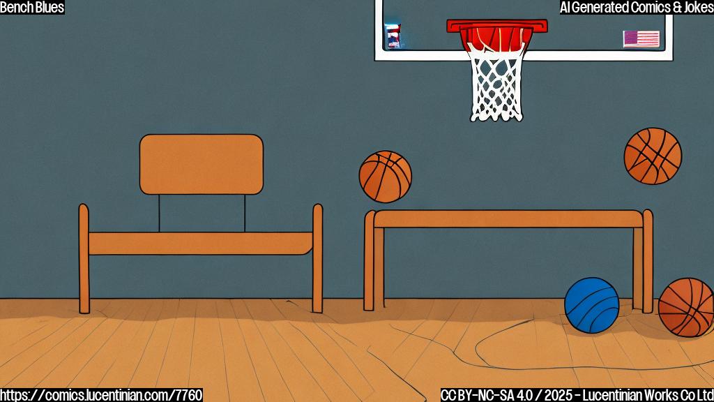 A plain color cartoon style image of a basketball bench with sad faces on the basketballs sitting on it. The background is a simple basketball court outline.