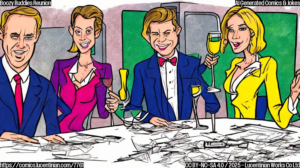 Cartoon illustration of two figures, one a woman with a red dress and messy blonde hair holding a wine glass, and the other a man with a suit and tie slurring the words. The background is a brightly colored TV studio set with a news desk. The style is simple and cartoonish.